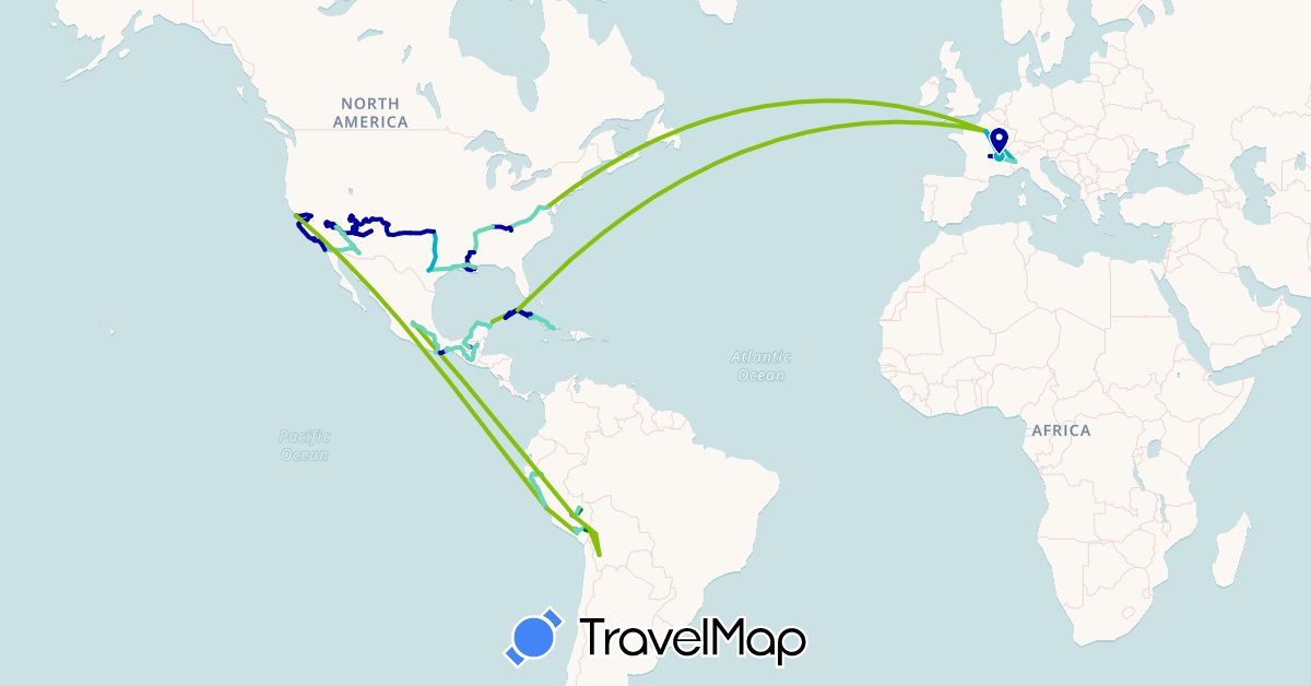 TravelMap itinerary: train, hiking, bus, avion, train, voiture, bateau in Bolivia, Cuba, France, Guatemala, Italy, Mexico, Peru, United States (Europe, North America, South America)